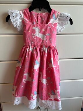 Eleanor Rose Pink Unicorn Heart Print Dress with White Eyelet Trim
